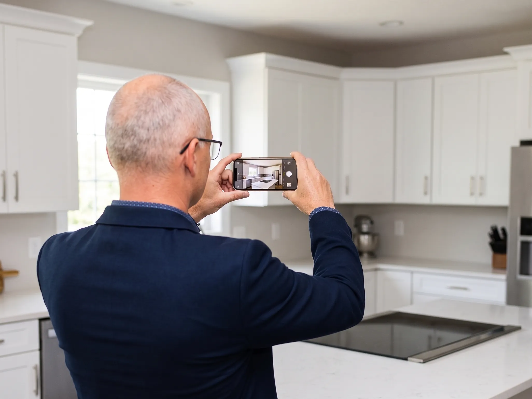 Conseiller en immobilier photographiant l'intérieur d'un bien lors d'une visite d'avis de valeur