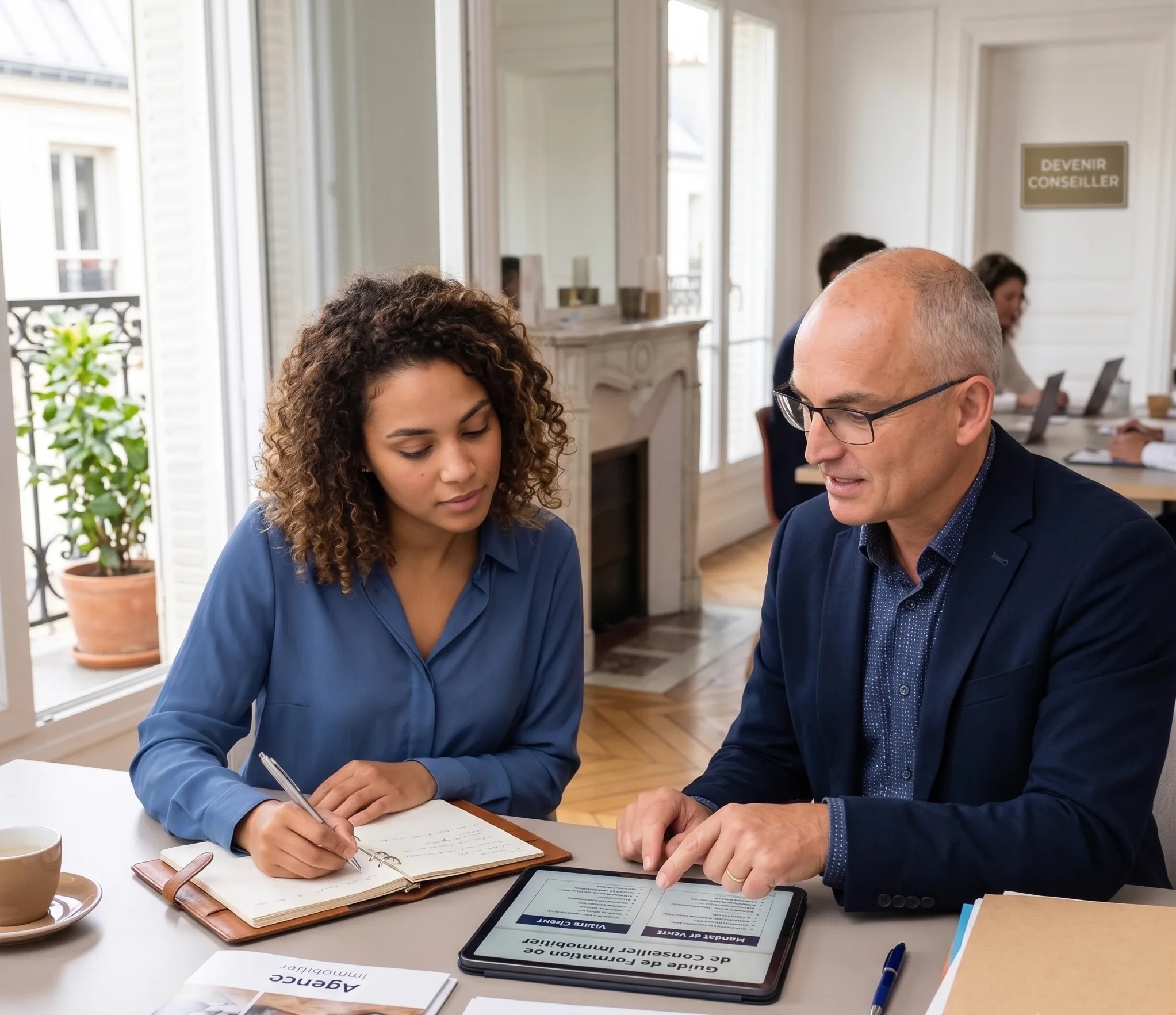 Échange entre un conseiller en immobilier iad et une future conseillère autour du guide de formation